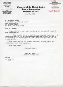 Correspondence from Congressman James R. Jones in reply to Ms. Margaret Adams, Senior Editor of Good Housekeeping Magazine, 1985-06-18